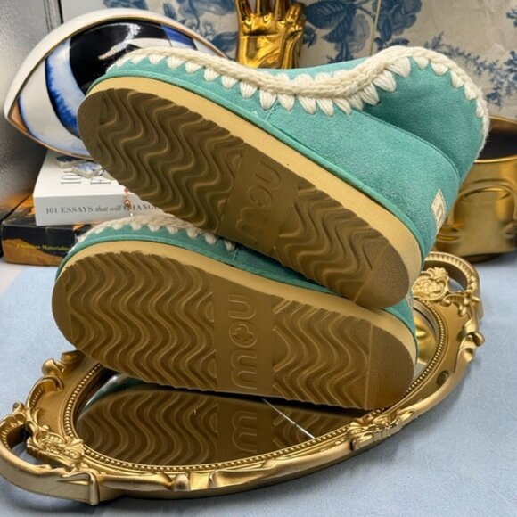 🆕 MOU 🧿 NWT WOB Teal Eskimo Ankle Boot, Cream Crochet Overstitch, Sz EU 35 - Picture 12 of 13